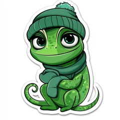 Sticker - Cute Cartoon Green Lizard Wearing Winter Hat and Scarf