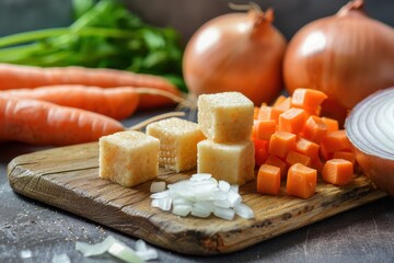 Canvas Print - Bouillon cubes onion and chopped carrot on a wooden surface