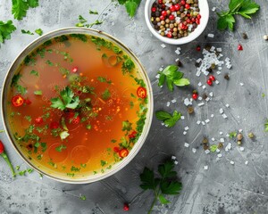 Wall Mural - Bowl of delicious vegetable broth on a grey surface