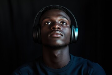 Wall Mural -  Close-up portrait of a young man listening to music with headphones in a dark studio setting.