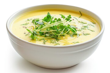 Wall Mural - Bowl of yellow cream cheese soup with pea sprouts on white background