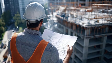 A construction worker in a hard hat reviewing plans, with a building framework rising in the background, construction site, project development