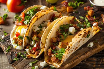 Breakfast tacos with chorizo eggs bacon and potato on wooden table