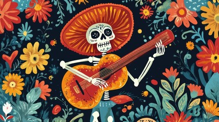 artistic dia de los muertos scene with a skeleton playing guitar among vibrant, colorful flowers on 