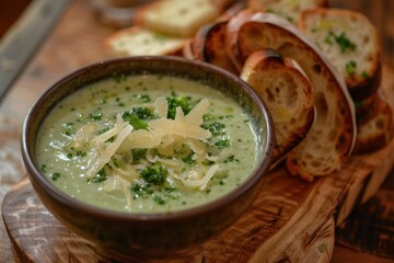 Canvas Print - Broccoli soup with bread and cheese in a bowl