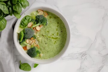 Canvas Print - Broccoli soup with almonds and veggies on white table top view