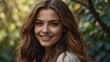 © JohnDesignHub - Woman with wavy brown hair smiling in an outdoor forest setting