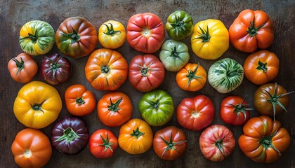 Wall Mural - Colorful Heirloom Tomato Variety on Rustic Wood Background