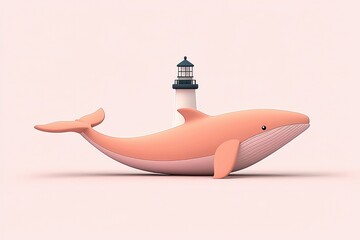 Poster - Cartoon Whale Carrying a Lighthouse on its Back