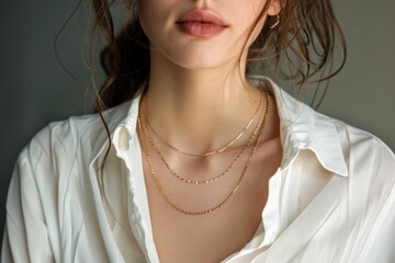 elegant woman showcasing gold chain necklaces, captured in a closeup for a sophisticated jewelry cat