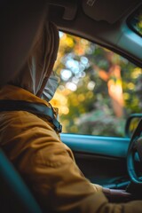 Wall Mural - a person wearing a yellow jacket driving a car, straight-forward image for various uses
