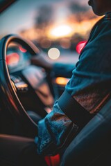 Canvas Print - A person sits in the driver's seat of a car, holding the steering wheel