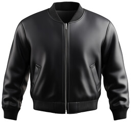 Stylish black leather bomber jacket isolated on transparent background.