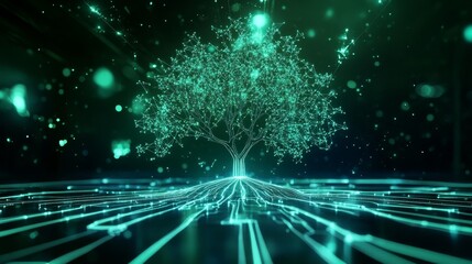 A holographic projection of binary tree graph, showcasing intricate connections and glowing roots, evokes sense of digital nature and innovation. 