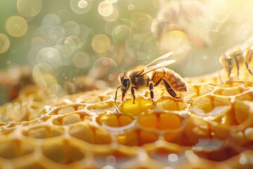 Sticker - Zoomed in perspective of busy bees on honeycombs empty area for text