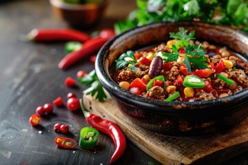 Chili con carne in bowl focusing on Mexican style