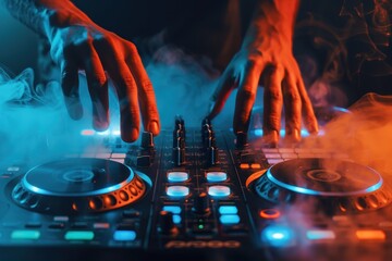 DJ performing in a nightclub adjusting track controls with strobe lights and fog close up shot Music club scene