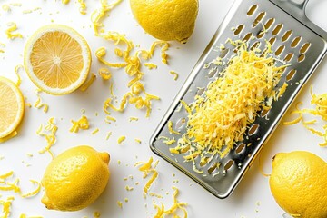 Wall Mural - Grater and lemon zest on white background Above