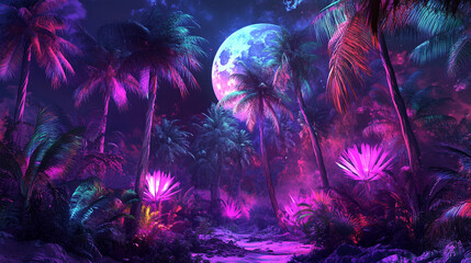 An otherworldly jungle scene with towering palm trees glowing in various neon colors, with a digital moon