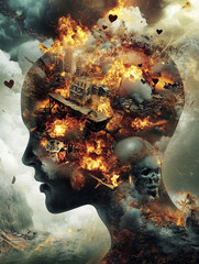 Wall Mural - a head depicted as a transparent or open space, filled with themes of hate. Inside the head, include dark and aggressive visuals like stormy clouds, broken hearts, angry faces, and confrontational sce