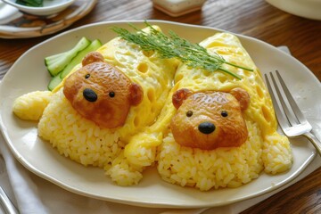 Canvas Print - Japanese omurice with two bear shaped rice characters