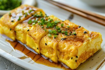 Poster - Japanese rolled omelette on white plate with chopsticks and sauce