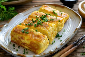 Japanese rolled omelette on white plate wooden table focused