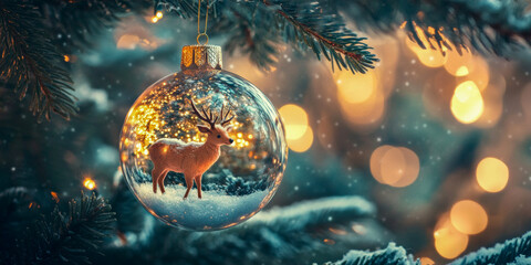 Wall Mural - festive christmas tree ornament featuring a cheerful cute deer inside a glass bauble with a snowy pi