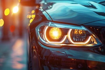 Luxury car with headlights on close up