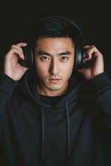 Wall Mural - Serious young asian man wearing headphones in a black hoodie against a dark background.