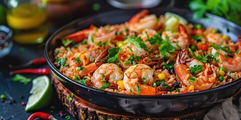 Canvas Print - Seafood Pilaf Authentic Oriental Recipe with Rice Shrimp Vegetables and Spices