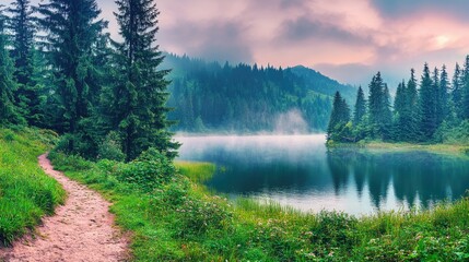 Misty morning scene of Lacu Rosu lake. Foggy summer sunrise in Harghita County, Romania, Europe. Beauty of nature concept background