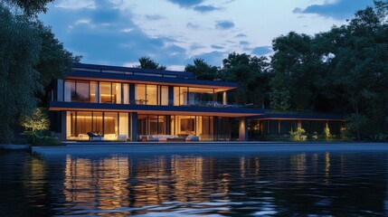 Wall Mural - 3d rendering of modern house by the river at evening