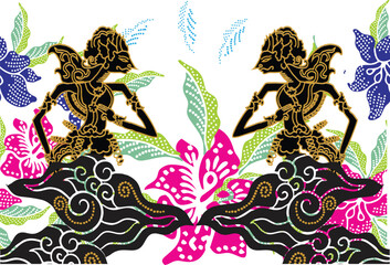 Wall Mural - Indonesian batik motifs by displaying a very distinctive wayang kulit silhouette figure