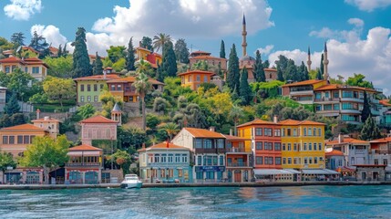 Wall Mural - Urban architecture over a lake or sea, featuring residential homes and buildings