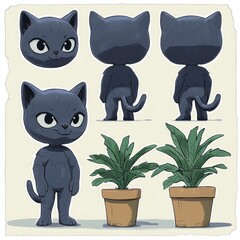 Wall Mural - Cartoon Black Cat Character Design with Houseplants