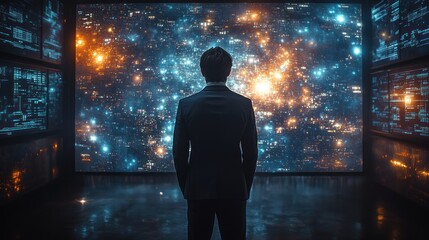 Man in Suit Looking at Digital Data Visualization