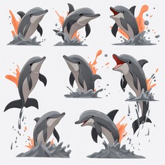 Poster - Cartoon Dolphin Jumping Out Of Water Illustration Set