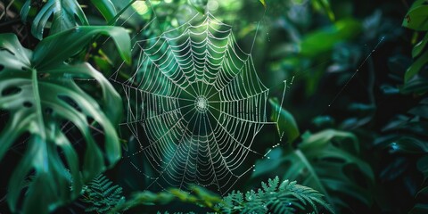 Spider s web hanging from lush green plant foliage
