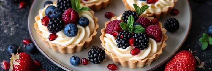 Poster - Creamy Fruit and Berry Tartlets with Pomegranate Seeds