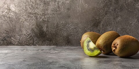 Wall Mural - Ripe green kiwi whole and halved on a grey table with space for text Horizontal image