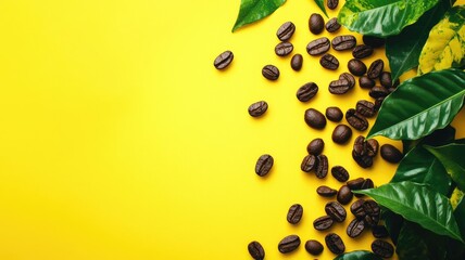 Wall Mural - Coffee beans and green leaves on vibrant yellow background