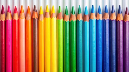 Rainbow wax crayons and multicolored color pencils aligned in a row panorama for vibrant artistic background or school supplies concept