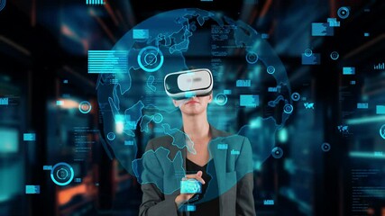 Wall Mural - Businesswoman user making zoom with big data dynamic world market graph monitor by VR future global innovation interface digital infographic network technology visual hologram animation. Contraption.