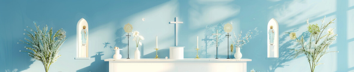 A serene, minimalist altar adorned with simple yet elegant symbols of the Catholic faith, set against a pastel blue backdrop.