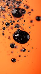 Wall Mural - Black Soap Bubbles on Orange Background, Abstract Image, Texture, Pattern, Wallpaper, Cover and Screen for Smartphone, PC, Laptop, 9:16 and 16:9 Format