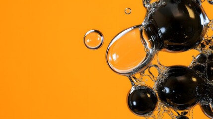 Wall Mural - Black Soap Bubbles on Orange Background, Abstract Image, Texture, Pattern, Wallpaper, Cover and Screen for Smartphone, PC, Laptop, 9:16 and 16:9 Format