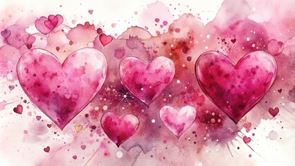 Wall Mural - Watercolor hearts in pink and burgundy colors on a background of splashes and stains