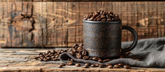 Poster - A Dark Gray Mug Filled With Roasted Whole Coffee Beans Stands On A Wooden Background With Coffee Beans On The Left