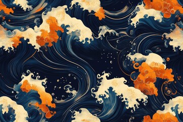 Wall Mural - Abstract Painting of Blue and Orange Waves on a Dark Background